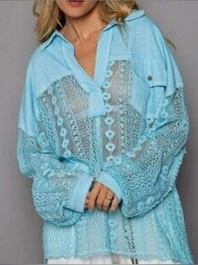 POL Blue Lace Crochet Detail Oversized Top w/Collar, Notch Neck and Pocket!